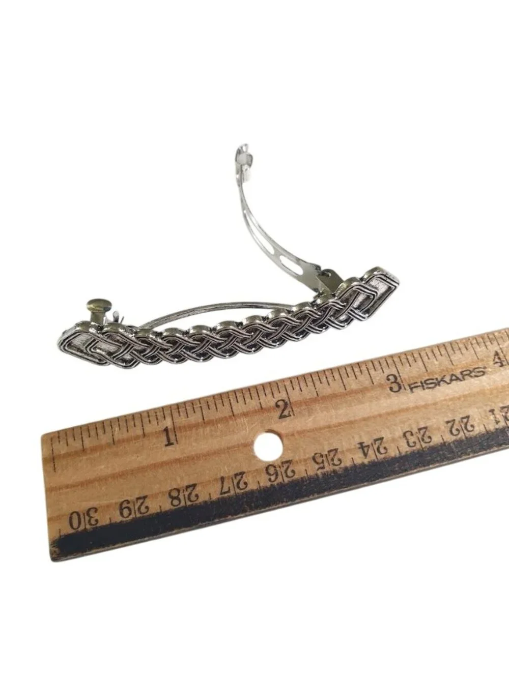 Silver Tone Metal Hair Barrette Intricate Braided Woven Detail Accessory Clip